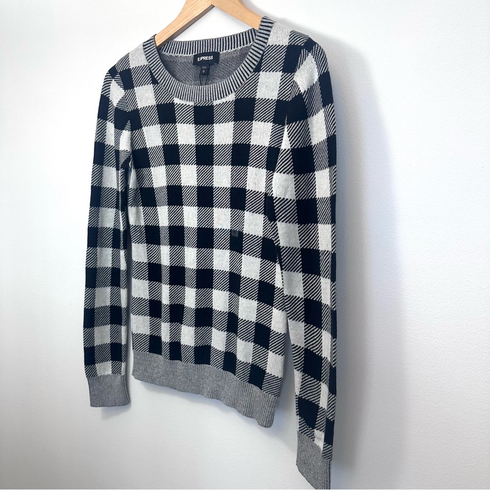 Express Sweater Medium Black White Checkered Crewneck Pullover 100% Cotton NWT - Picture 3 of 15